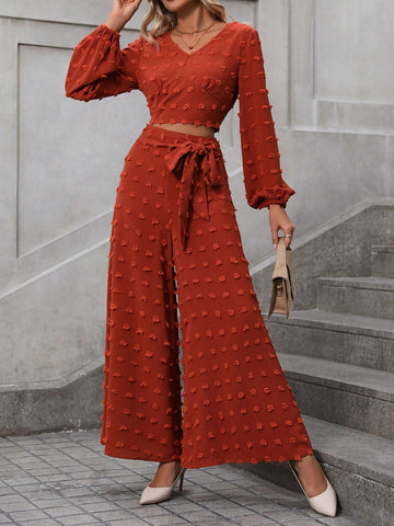 Women'S Two-Piece Cropped Lantern Sleeve Top And Wide-Leg Pants Set Women'S Two-Piece Cropped Lantern Sleeve Top And Wide-Leg Pants Set