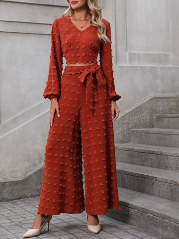 Women'S Two-Piece Cropped Lantern Sleeve Top And Wide-Leg Pants Set Women'S Two-Piece Cropped Lantern Sleeve Top And Wide-Leg Pants Set