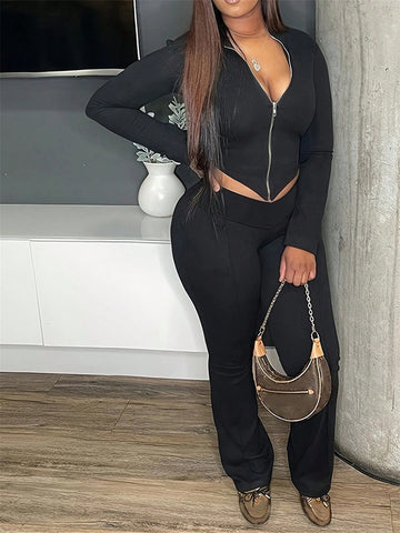 Women'S Zipper Front Stand Collar Jacket And Pants Set Women'S Zipper Front Stand Collar Jacket And Pants Set