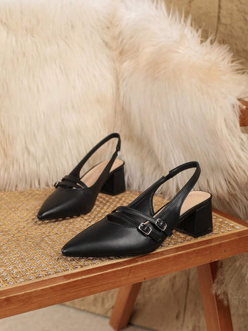 Women Black Pointed Toe Buckle Strap Chunky Heel Elegant Formal High Heels Shoes, Peep Toe Women Black Pointed Toe Buckle Strap Chunky Heel Elegant Formal High Heels Shoes, Peep Toe