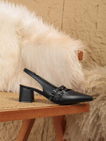 Women Black Pointed Toe Buckle Strap Chunky Heel Elegant Formal High Heels Shoes, Peep Toe Women Black Pointed Toe Buckle Strap Chunky Heel Elegant Formal High Heels Shoes, Peep Toe