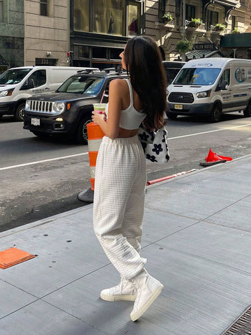 Women Casual Checkered Texture Tank Top And High Waist Sweatpants Set Women Casual Checkered Texture Tank Top And High Waist Sweatpants Set