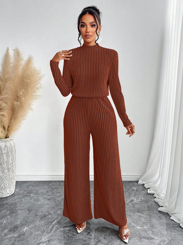 Women Casual Elegant Mock Neck Long Sleeve Wide Leg Jumpsuit Women Casual Elegant Mock Neck Long Sleeve Wide Leg Jumpsuit