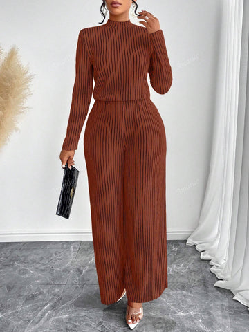 Women Casual Elegant Mock Neck Long Sleeve Wide Leg Jumpsuit Women Casual Elegant Mock Neck Long Sleeve Wide Leg Jumpsuit