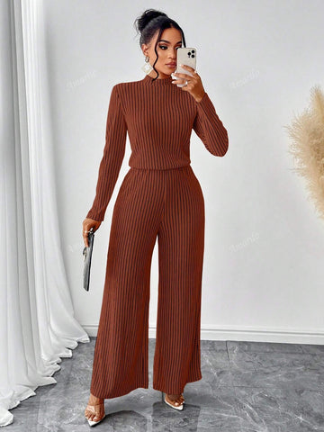Women Casual Elegant Mock Neck Long Sleeve Wide Leg Jumpsuit Women Casual Elegant Mock Neck Long Sleeve Wide Leg Jumpsuit