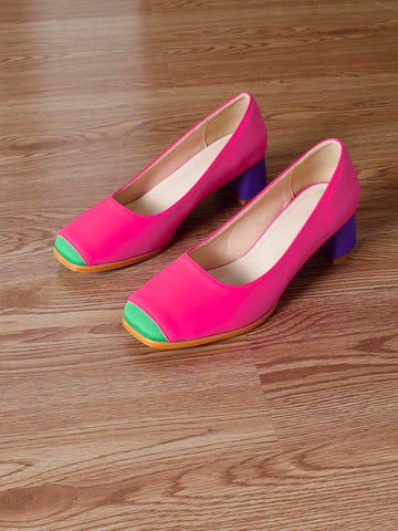 Women Colorblock Slip-On Loafers, Chunky High Heel Women Colorblock Slip-On Loafers, Chunky High Heel