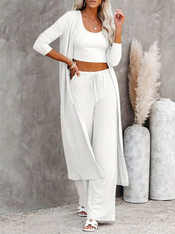 Women Cozy Ribbed Lounge & Sleepwear Set - Soft Long Sleeve Robe, Crew Neck Tank, & Lace-Up Pants - Perfect For Relaxation And Everyday Comfort Women Cozy Ribbed Lounge & Sleepwear Set - Soft Long Sleeve Robe, Crew Neck Tank, & Lace-Up Pants - Perfect For Relaxation And Everyday Comfort