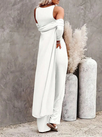 Women Cozy Ribbed Lounge & Sleepwear Set - Soft Long Sleeve Robe, Crew Neck Tank, & Lace-Up Pants - Perfect For Relaxation And Everyday Comfort Women Cozy Ribbed Lounge & Sleepwear Set - Soft Long Sleeve Robe, Crew Neck Tank, & Lace-Up Pants - Perfect For Relaxation And Everyday Comfort