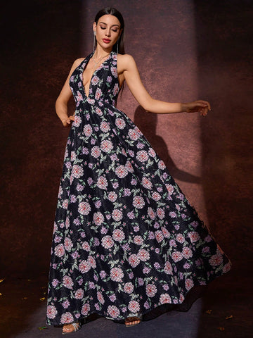 Women Elegant Sexy Tied Halter Low Back Floral Print Dress, Bridesmaid Gown For Wedding Party, Cocktail Ball Women Elegant Sexy Tied Halter Low Back Floral Print Dress, Bridesmaid Gown For Wedding Party, Cocktail Ball