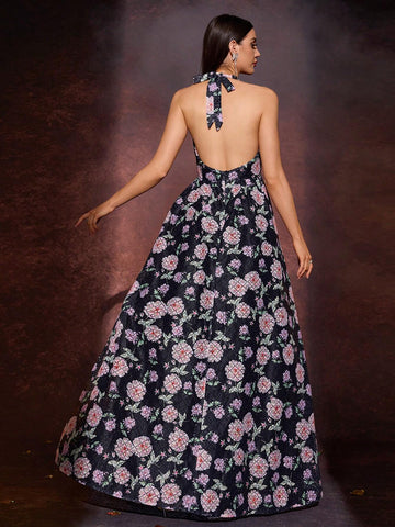 Women Elegant Sexy Tied Halter Low Back Floral Print Dress, Bridesmaid Gown For Wedding Party, Cocktail Ball Women Elegant Sexy Tied Halter Low Back Floral Print Dress, Bridesmaid Gown For Wedding Party, Cocktail Ball