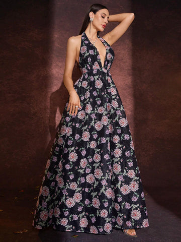 Women Elegant Sexy Tied Halter Low Back Floral Print Dress, Bridesmaid Gown For Wedding Party, Cocktail Ball Women Elegant Sexy Tied Halter Low Back Floral Print Dress, Bridesmaid Gown For Wedding Party, Cocktail Ball