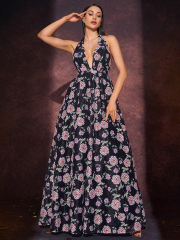 Women Elegant Sexy Tied Halter Low Back Floral Print Dress, Bridesmaid Gown For Wedding Party, Cocktail Ball Women Elegant Sexy Tied Halter Low Back Floral Print Dress, Bridesmaid Gown For Wedding Party, Cocktail Ball