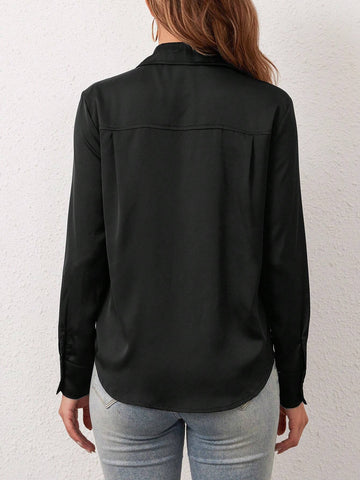 Women Fashion Solid Color Faux Double-Breasted Pocket Shirt Women Fashion Solid Color Faux Double-Breasted Pocket Shirt