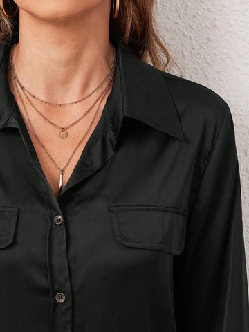 Women Fashion Solid Color Faux Double-Breasted Pocket Shirt Women Fashion Solid Color Faux Double-Breasted Pocket Shirt