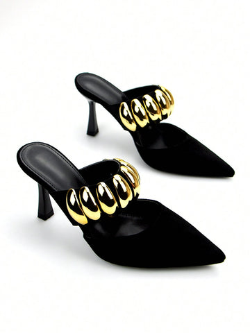 Women Fashionable Black Velvet Pointed Toe High-Heeled Mule Shoe With Gold Metal Buckle Women Fashionable Black Velvet Pointed Toe High-Heeled Mule Shoe With Gold Metal Buckle