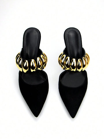 Women Fashionable Black Velvet Pointed Toe High-Heeled Mule Shoe With Gold Metal Buckle Women Fashionable Black Velvet Pointed Toe High-Heeled Mule Shoe With Gold Metal Buckle