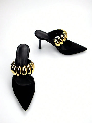 Women Fashionable Black Velvet Pointed Toe High-Heeled Mule Shoe With Gold Metal Buckle Women Fashionable Black Velvet Pointed Toe High-Heeled Mule Shoe With Gold Metal Buckle