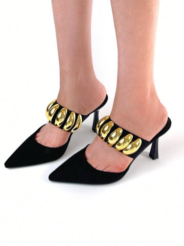 Women Fashionable Black Velvet Pointed Toe High-Heeled Mule Shoe With Gold Metal Buckle Women Fashionable Black Velvet Pointed Toe High-Heeled Mule Shoe With Gold Metal Buckle