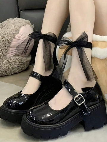 Women Fashionable Mary Jane Black Shoes With Buckle, Round Toe Cute Thick Bottom Soft Comfortable Women Fashionable Mary Jane Black Shoes With Buckle, Round Toe Cute Thick Bottom Soft Comfortable
