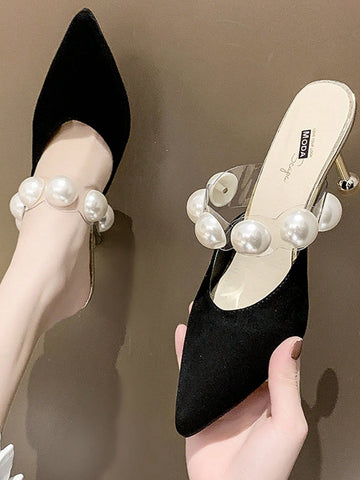 Women Faux Pearl Decor Mules, Polyester Point Toe Elegant Pumps Black Women Faux Pearl Decor Mules, Polyester Point Toe Elegant Pumps Black