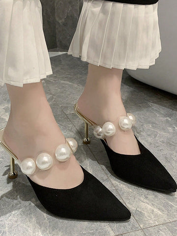 Women Faux Pearl Decor Mules, Polyester Point Toe Elegant Pumps Black Women Faux Pearl Decor Mules, Polyester Point Toe Elegant Pumps Black