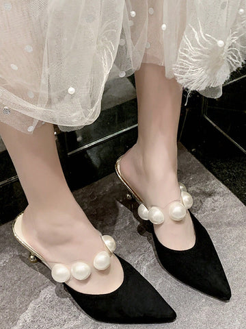 Women Faux Pearl Decor Mules, Polyester Point Toe Elegant Pumps Black Women Faux Pearl Decor Mules, Polyester Point Toe Elegant Pumps Black