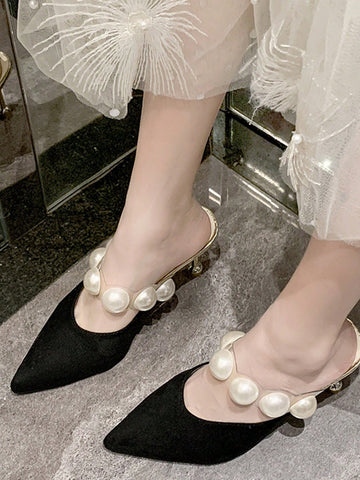 Women Faux Pearl Decor Mules, Polyester Point Toe Elegant Pumps Black Women Faux Pearl Decor Mules, Polyester Point Toe Elegant Pumps Black