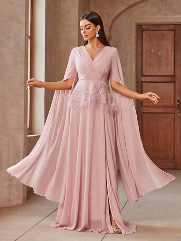 Women Floral Applique Feather Patchwork V-Neck Extra-Long Split Sleeve Elegant Cocktail Dress Women Floral Applique Feather Patchwork V-Neck Extra-Long Split Sleeve Elegant Cocktail Dress