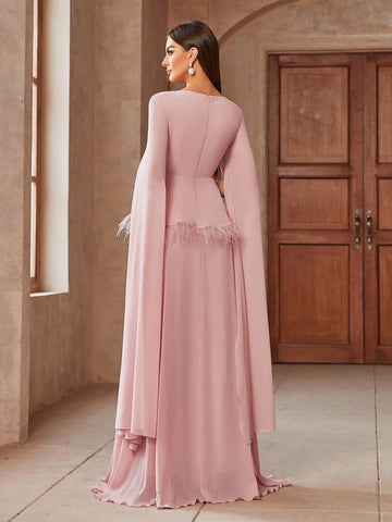 Women Floral Applique Feather Patchwork V-Neck Extra-Long Split Sleeve Elegant Cocktail Dress Women Floral Applique Feather Patchwork V-Neck Extra-Long Split Sleeve Elegant Cocktail Dress