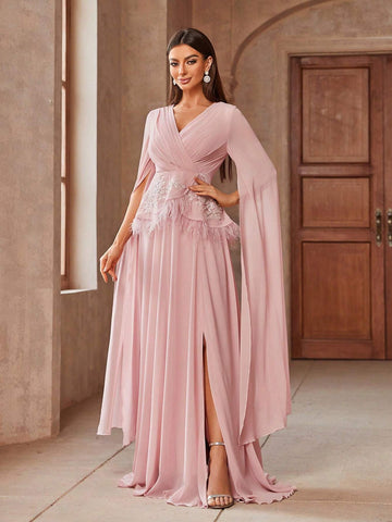 Women Floral Applique Feather Patchwork V-Neck Extra-Long Split Sleeve Elegant Cocktail Dress Women Floral Applique Feather Patchwork V-Neck Extra-Long Split Sleeve Elegant Cocktail Dress