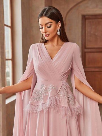 Women Floral Applique Feather Patchwork V-Neck Extra-Long Split Sleeve Elegant Cocktail Dress Women Floral Applique Feather Patchwork V-Neck Extra-Long Split Sleeve Elegant Cocktail Dress