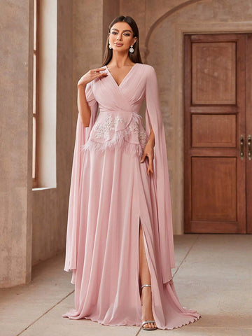 Women Floral Applique Feather Patchwork V-Neck Extra-Long Split Sleeve Elegant Cocktail Dress Women Floral Applique Feather Patchwork V-Neck Extra-Long Split Sleeve Elegant Cocktail Dress