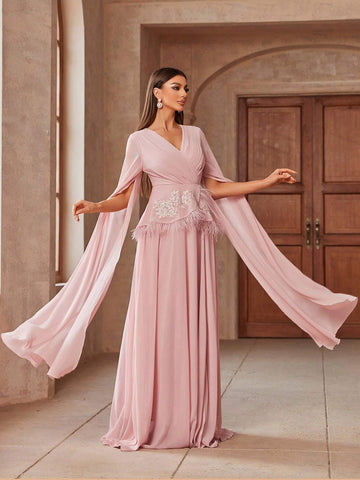 Women Floral Applique Feather Patchwork V-Neck Extra-Long Split Sleeve Elegant Cocktail Dress Women Floral Applique Feather Patchwork V-Neck Extra-Long Split Sleeve Elegant Cocktail Dress