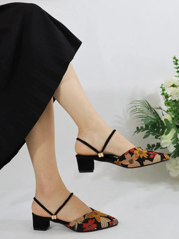 Women Floral Pattern Pumps, Faux Suede Point Toe Slingback Chunky Heeled Fashionable Pumps Women Floral Pattern Pumps, Faux Suede Point Toe Slingback Chunky Heeled Fashionable Pumps