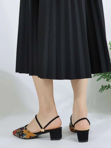 Women Floral Pattern Pumps, Faux Suede Point Toe Slingback Chunky Heeled Fashionable Pumps Women Floral Pattern Pumps, Faux Suede Point Toe Slingback Chunky Heeled Fashionable Pumps