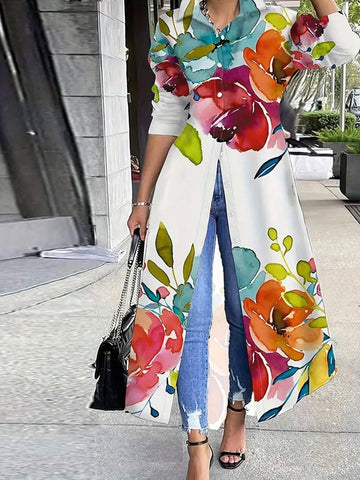 Women Floral Print Single-Breasted Casual Long Shirt For Holiday Outfits Women Floral Print Single-Breasted Casual Long Shirt For Holiday Outfits