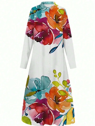 Women Floral Print Single-Breasted Casual Long Shirt For Holiday Outfits Women Floral Print Single-Breasted Casual Long Shirt For Holiday Outfits