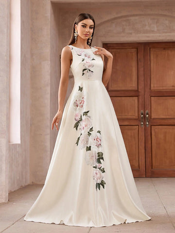 Women Floral Printed Sleeveless Dress With Cinched Waist Women Floral Printed Sleeveless Dress With Cinched Waist