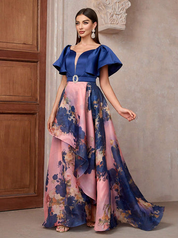 Women Floral Printed Sweetheart Neckline Ruffle Short Sleeve Long Gorgeous Bridesmaid Dress Women Floral Printed Sweetheart Neckline Ruffle Short Sleeve Long Gorgeous Bridesmaid Dress