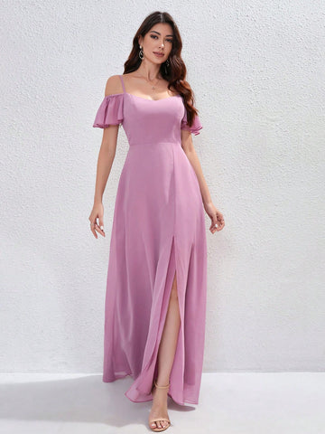 Women Formal Dress With Shoulder Strap Short Sleeves, A-Line Maxi Bridesmaid Dress, Elegant Long Spaghetti Strap High Slit Chiffon Minimalist Cocktail Dress Women Formal Dress With Shoulder Strap Short Sleeves, A-Line Maxi Bridesmaid Dress, Elegant Long Spaghetti Strap High Slit Chiffon Minimalist Cocktail Dress