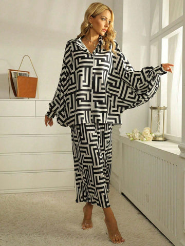 Women Geometric Print Bat Sleeve Shirt And Wide Leg Pants Casual Suit, Autumn Women Geometric Print Bat Sleeve Shirt And Wide Leg Pants Casual Suit, Autumn