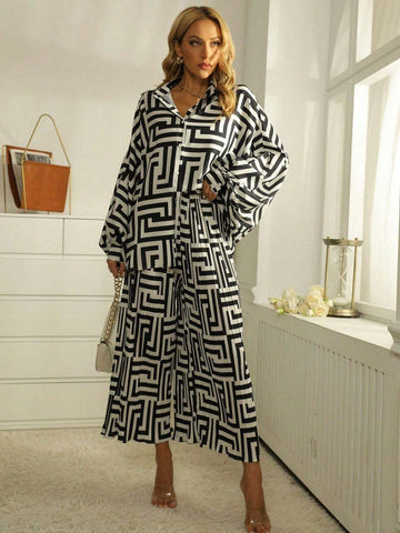 Women Geometric Print Bat Sleeve Shirt And Wide Leg Pants Casual Suit, Autumn Women Geometric Print Bat Sleeve Shirt And Wide Leg Pants Casual Suit, Autumn