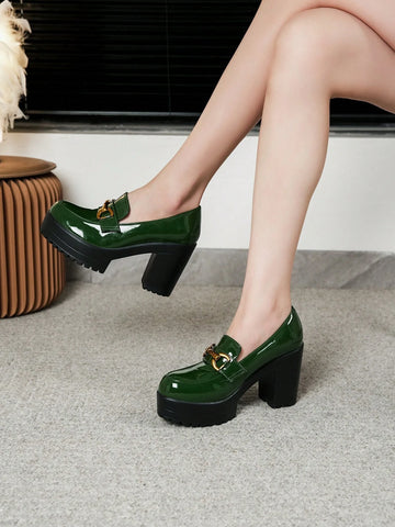 Women Green Soft Leather Platform Increase Height Slip-On Small Heel Loafers, New 2024 Korean Style Women Green Soft Leather Platform Increase Height Slip-On Small Heel Loafers, New 2024 Korean Style