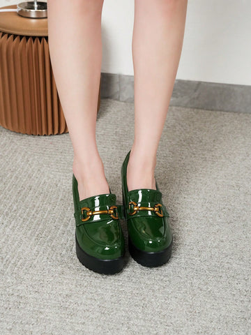 Women Green Soft Leather Platform Increase Height Slip-On Small Heel Loafers, New 2024 Korean Style Women Green Soft Leather Platform Increase Height Slip-On Small Heel Loafers, New 2024 Korean Style