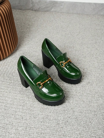 Women Green Soft Leather Platform Increase Height Slip-On Small Heel Loafers, New 2024 Korean Style Women Green Soft Leather Platform Increase Height Slip-On Small Heel Loafers, New 2024 Korean Style
