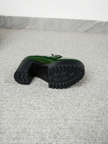 Women Green Soft Leather Platform Increase Height Slip-On Small Heel Loafers, New 2024 Korean Style Women Green Soft Leather Platform Increase Height Slip-On Small Heel Loafers, New 2024 Korean Style