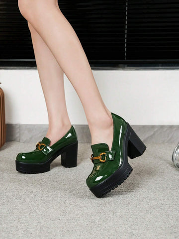 Women Green Soft Leather Platform Increase Height Slip-On Small Heel Loafers, New 2024 Korean Style Women Green Soft Leather Platform Increase Height Slip-On Small Heel Loafers, New 2024 Korean Style