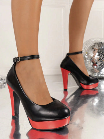 Women High Heels With Buckle Decor, Fashionable Leather & Two-Tone Platform, Women High Heels With Buckle Decor, Fashionable Leather & Two-Tone Platform,