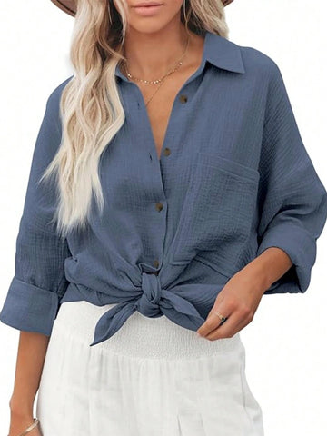 Women Loose Fit Solid Color Drop Shoulder Casual Shirt Women Loose Fit Solid Color Drop Shoulder Casual Shirt