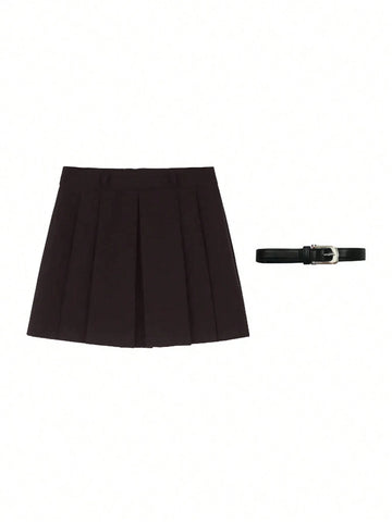 Women Plain Color Pleated A-Line Skirt, Casual Everyday Wear Women Plain Color Pleated A-Line Skirt, Casual Everyday Wear